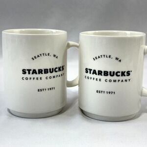 Starbucks 2018 Coffee Co Seattle WA Est 1971 Mug Pair of 2 White Black Letters